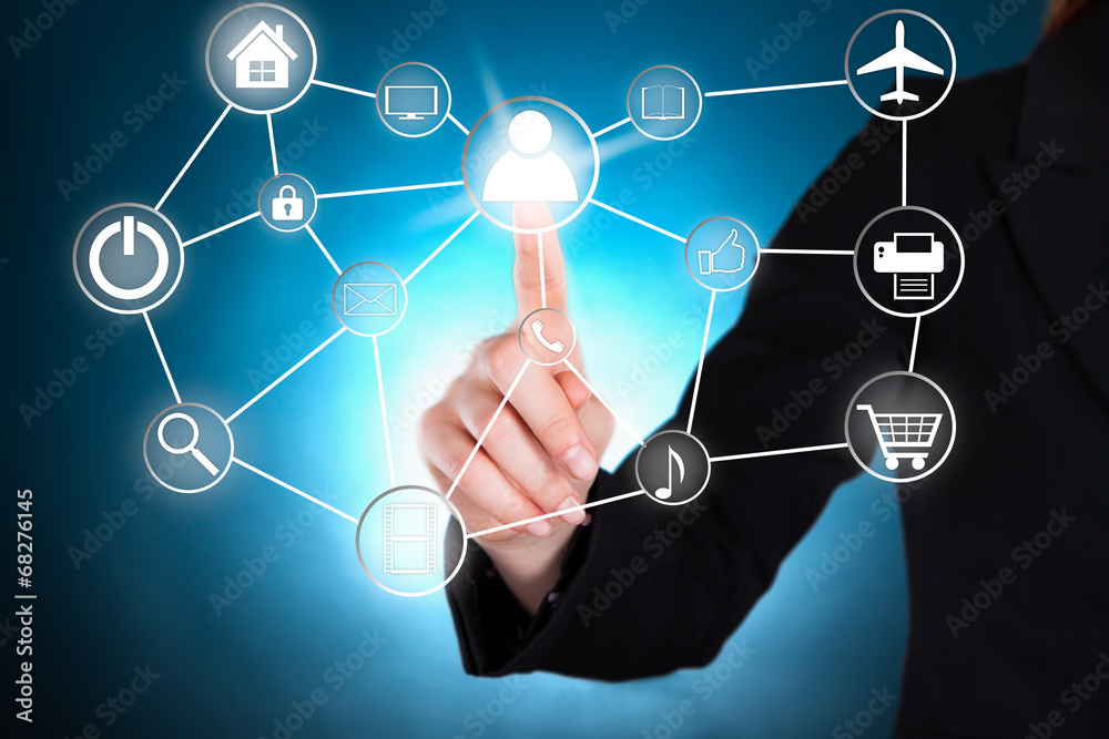 Businessman Touching Transparent Screen With Virtual Icons Businessman Touching Transparent Screen With Virtual Icons