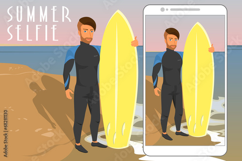 Selfie of hipster wearing diving suit with yellow surfboard