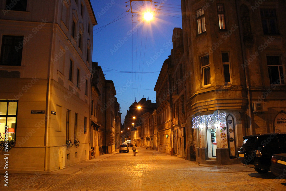 illuminated street of Lviv city