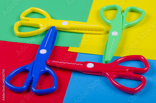 Set for creativity with colored paper and plastic scissors