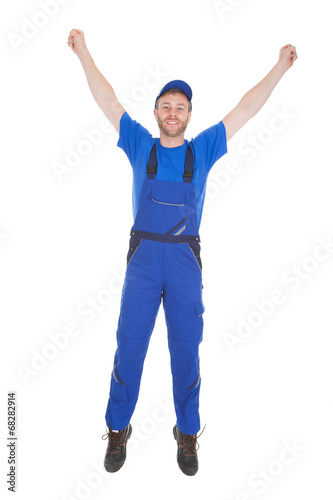 Confident Cleaner Mopping Over White Background