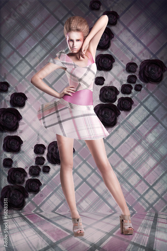 Modern Art. Woman in Checkered Dress over Abstract Background