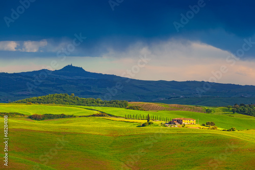 Fields and hills shined with sunset sun