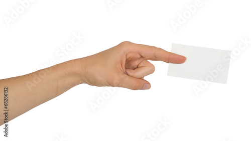 Female hand holding a white business card