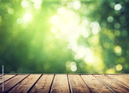 Fototapeta Naklejka Na Ścianę i Meble -  wooden surface and sunny forest