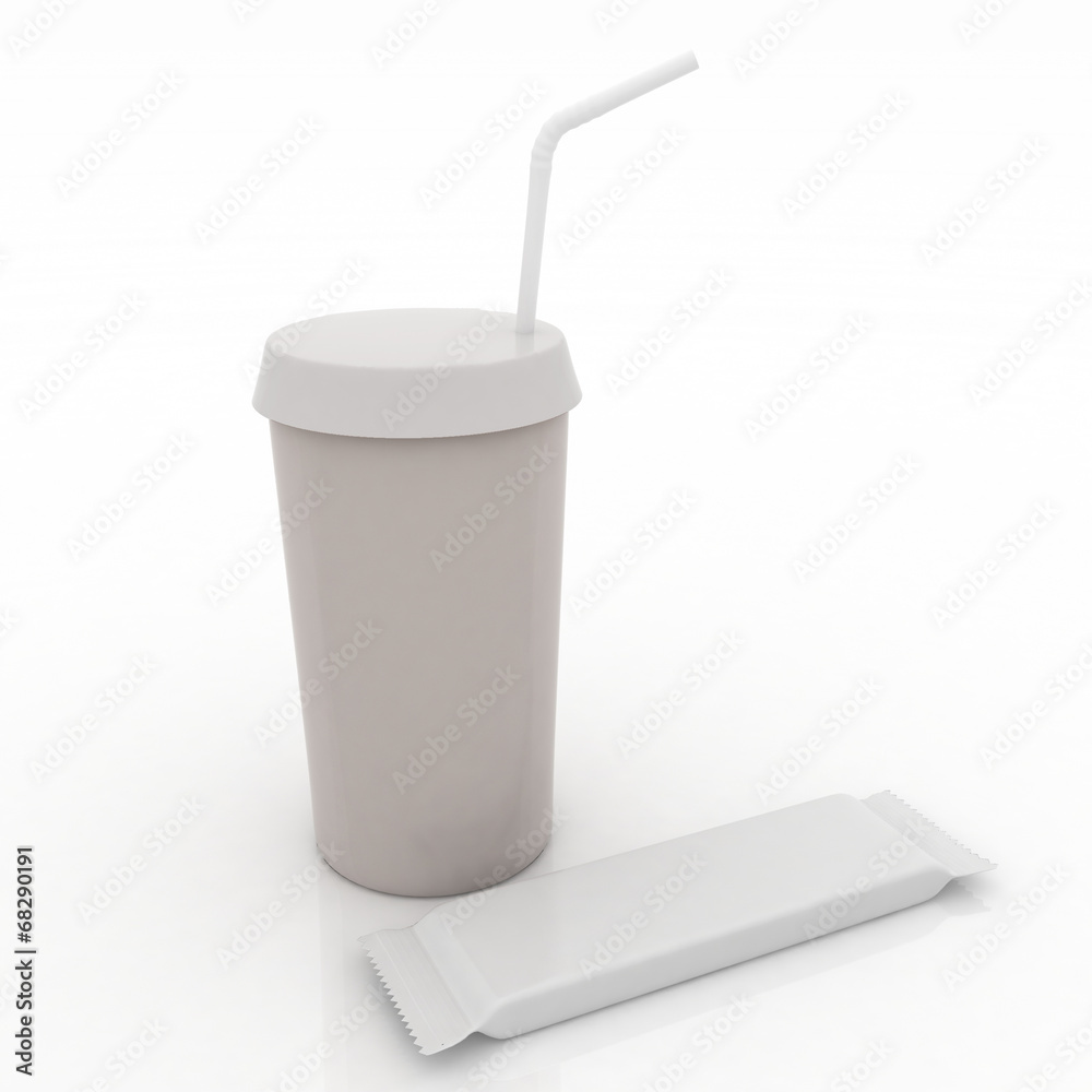 Plastic glass with tubule and choc on white Plastic glass with tubule and choc on white