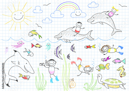 Happy children and sea animals
