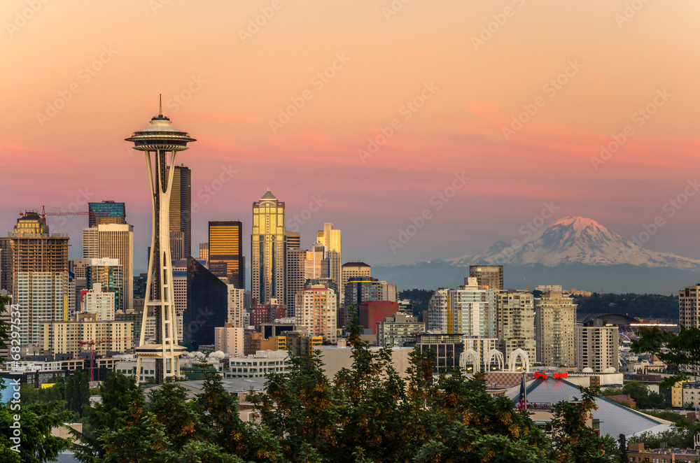 Seattle Skyline and Mount Rainier at Sunset