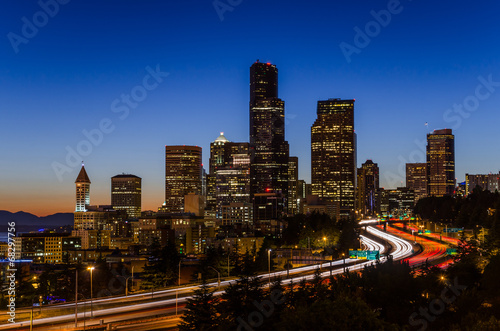 Seattle Skyline and Freeways at Dusk