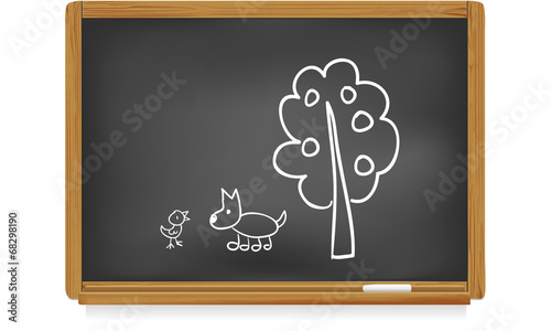 Tableau d'école : chien et poussin