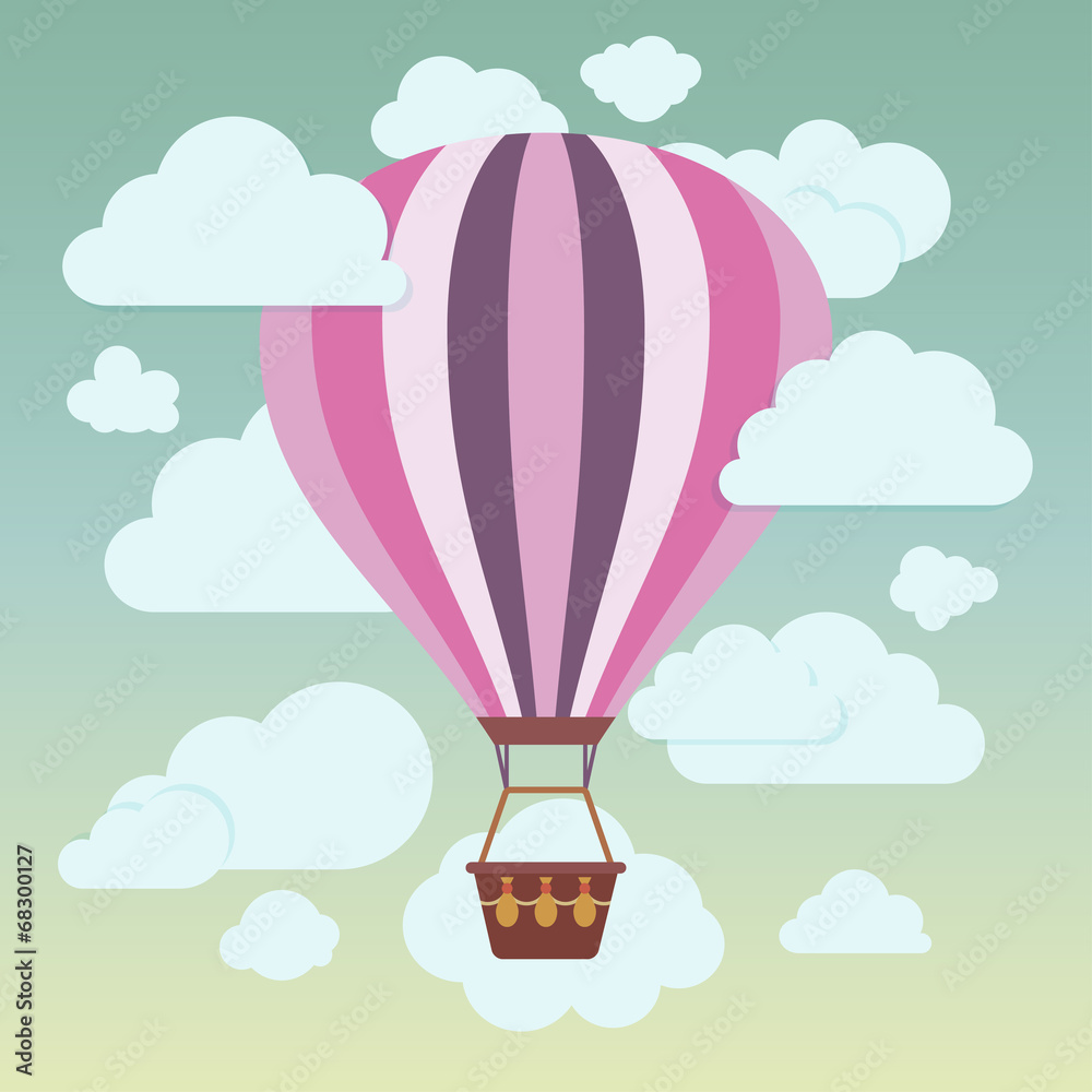 Fototapeta premium Clouds and striped hot air balloon on a blue background