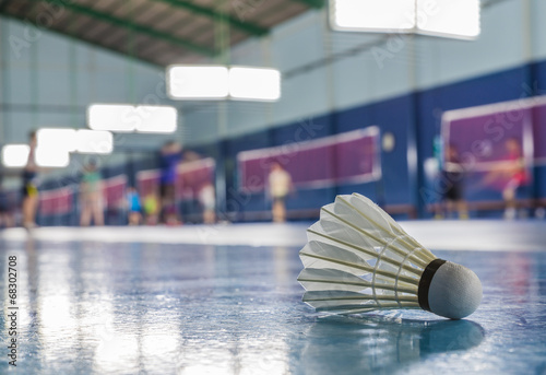 A shuttlecock on the ground in the Badminton court