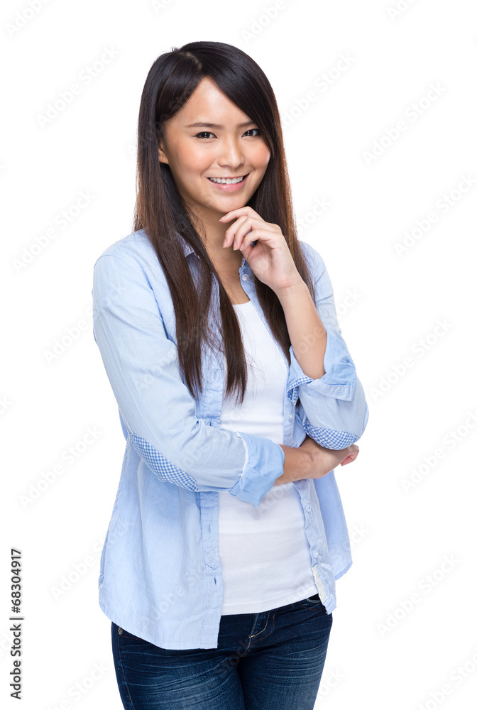 Asian young woman rest chin on hand Asian young woman rest chin on hand