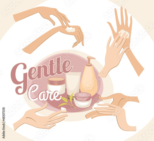 Beautiful woman hands with cream. Vector illustration.