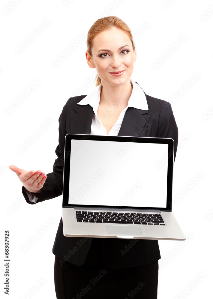 Portrait of woman with laptop, isolated on white Portrait of woman with laptop, isolated on white