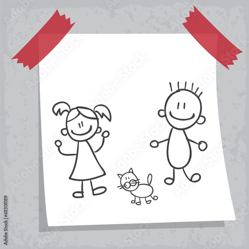Dessin : garçon, fille et chaton