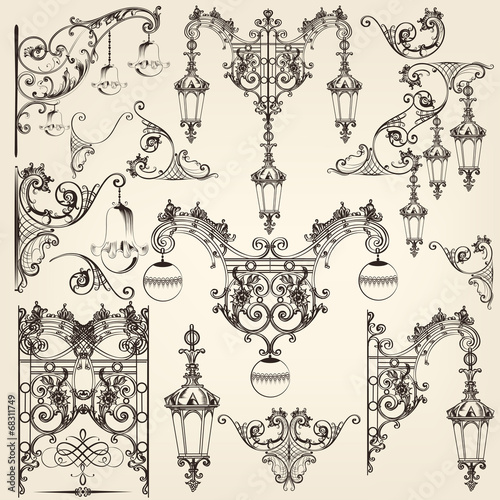 Collection of vector  street lamps and calligraphic elements
