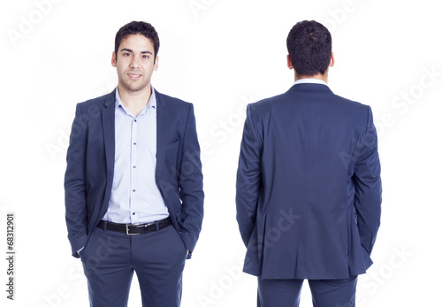 Front and back views of a handsome business man, isolated on whi
