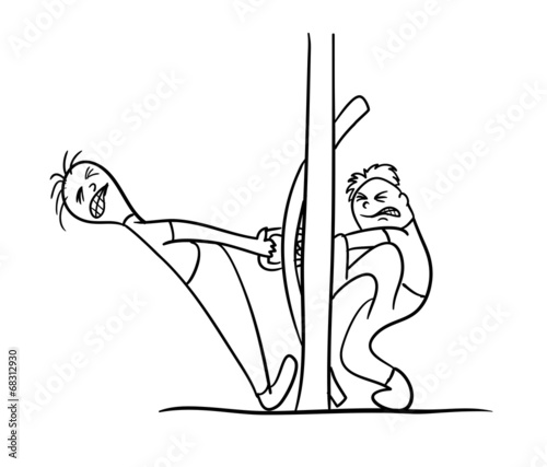 two cartoon character trying to open the door, vector