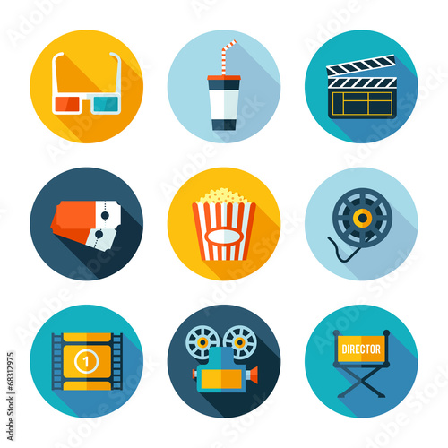 Set of flat cinema and movie icons.