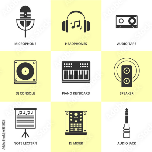 Set of black music and sound icons.