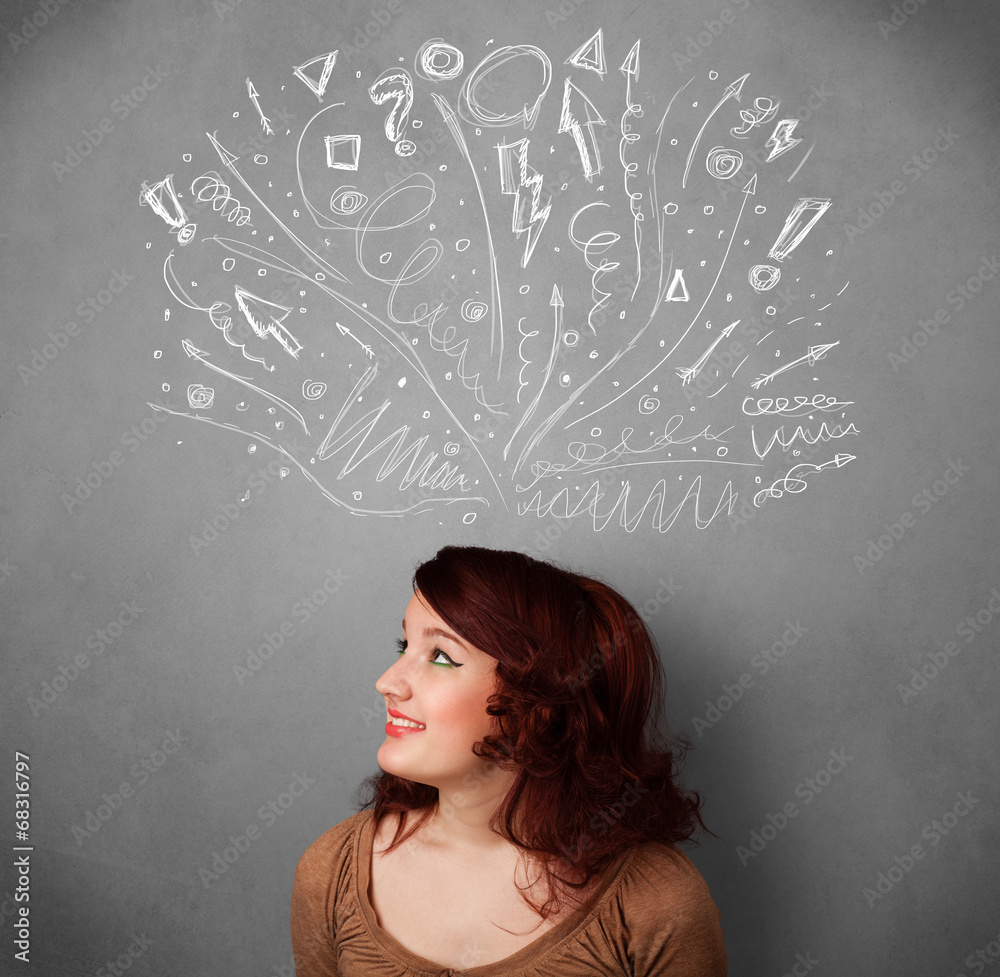 Young woman thinking with sketched arrows above her head Young woman thinking with sketched arrows above her head