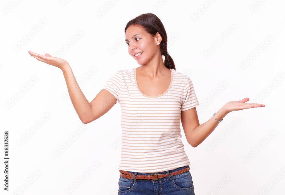 Attractive beautiful girl holding her palms up Attractive beautiful girl holding her palms up