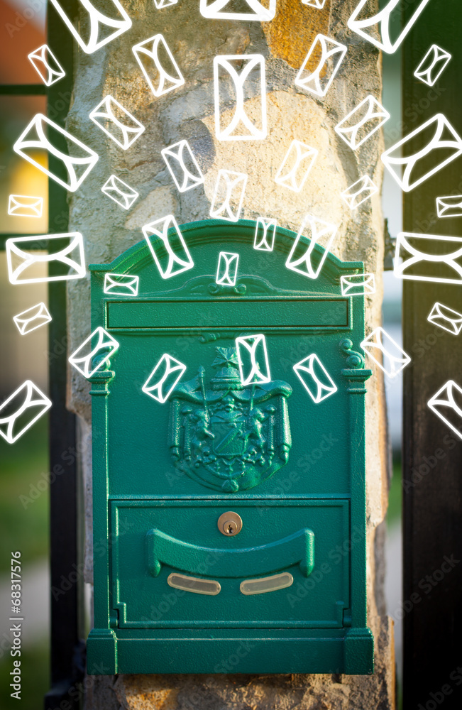 Obraz premium Mailbox with letter icons on glowing green background