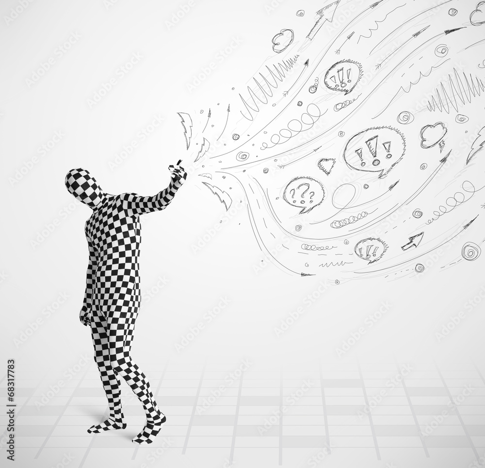 Fototapeta premium Guy in body suit morphsuit looking at sketches and doodles