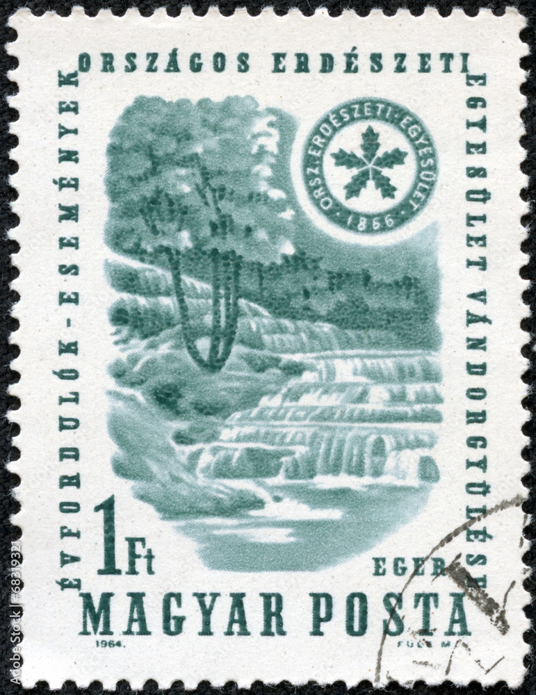 Obraz premium stamp printed in the Hungary shows Waterfall and Forest