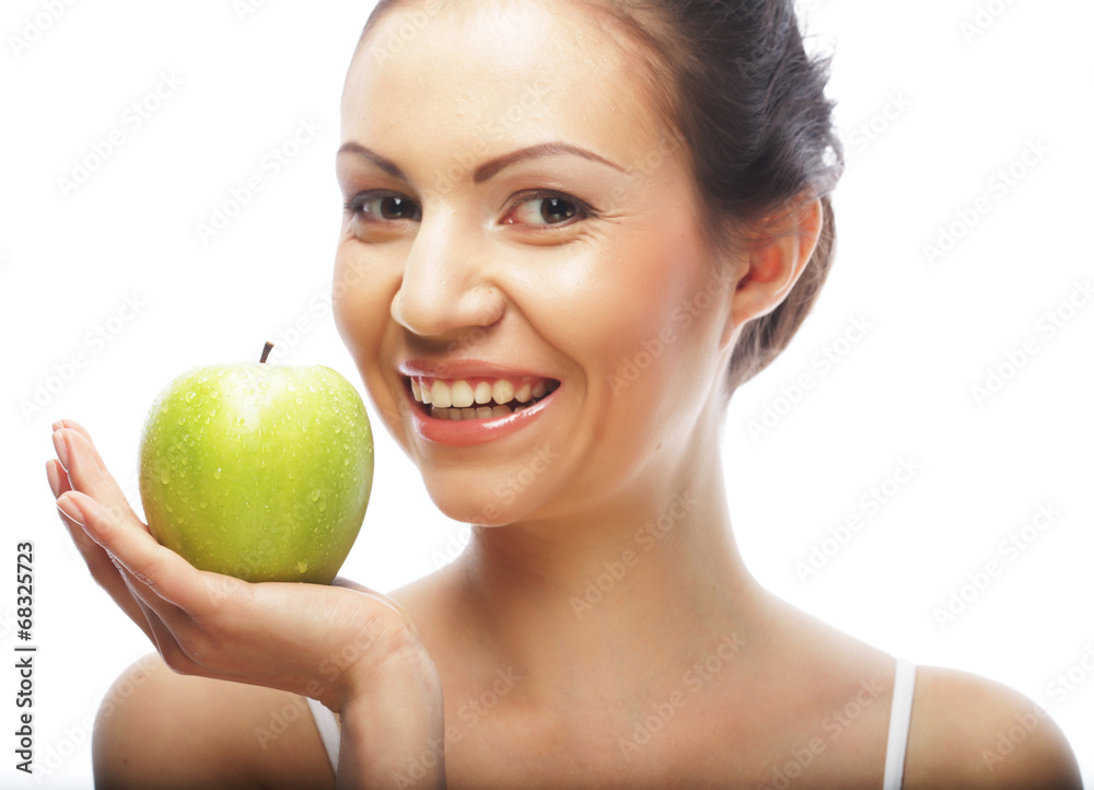smiling woman with green apple smiling woman with green apple