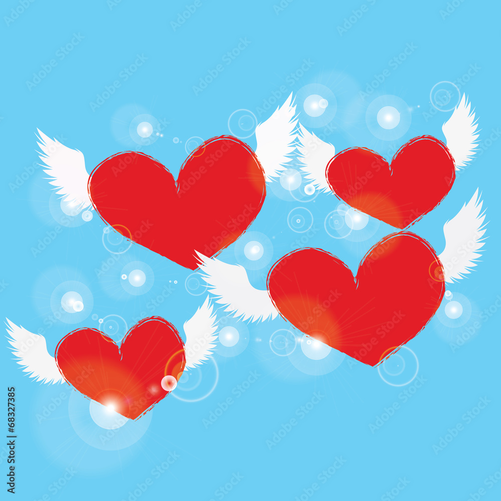red heart with white angel wing on blue background