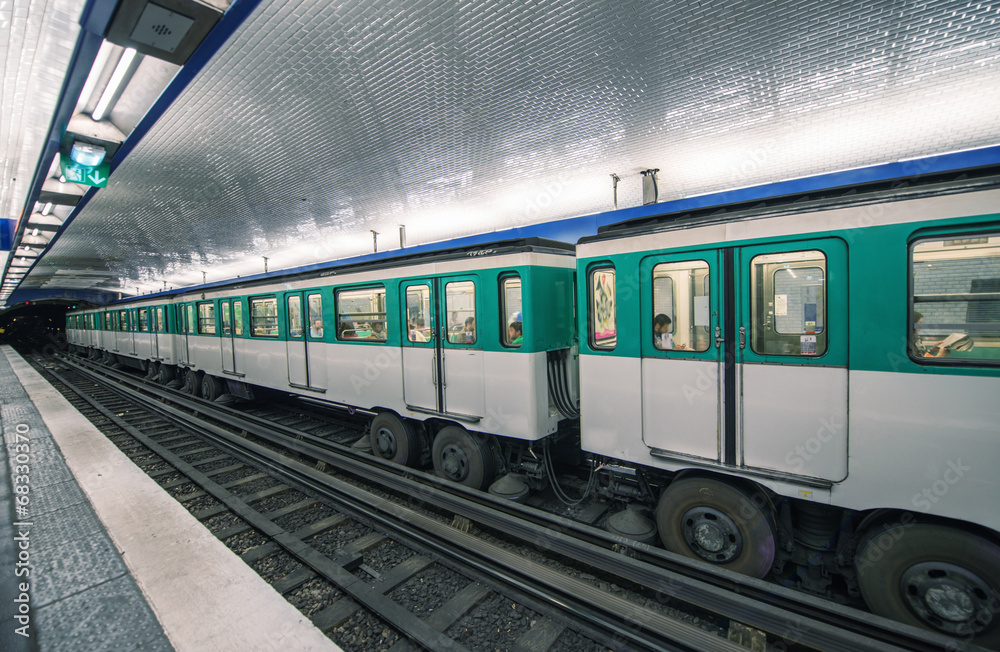 Naklejka premium Metro train in Paris. Underground parisian scene - France