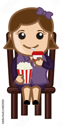 Cartoon Girl Having Pop Corn and Cold Drink