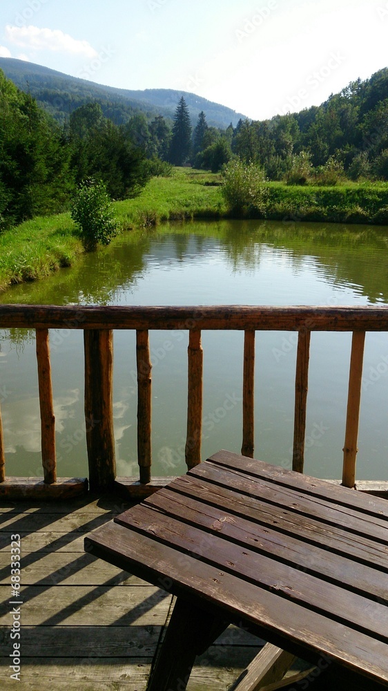 The view from the terrace of the pond and the wooded mountains