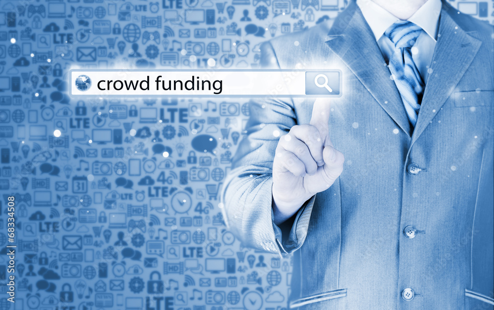 Businessman and crowd funding in search bar Businessman and crowd funding in search bar