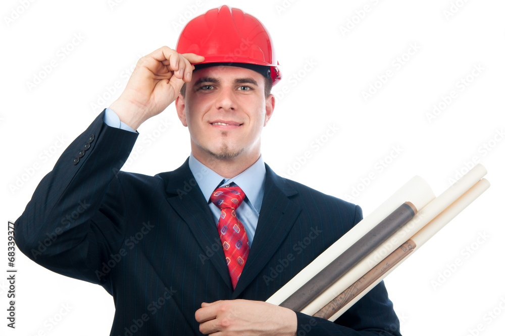 Smiling engineer with hard hat and blueprints Smiling engineer with hard hat and blueprints
