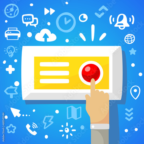 Bright vector illustration male hand presses the red button on a