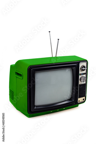 Green vintage style old television isolated on white