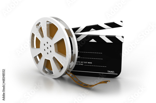 3d illustration of film slate, movie reel .