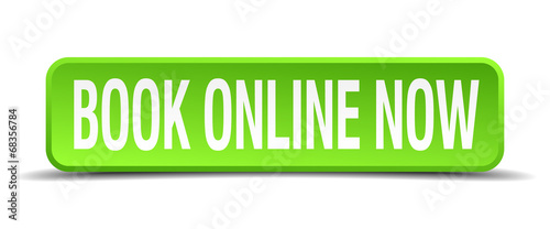 book online now green 3d realistic square isolated button