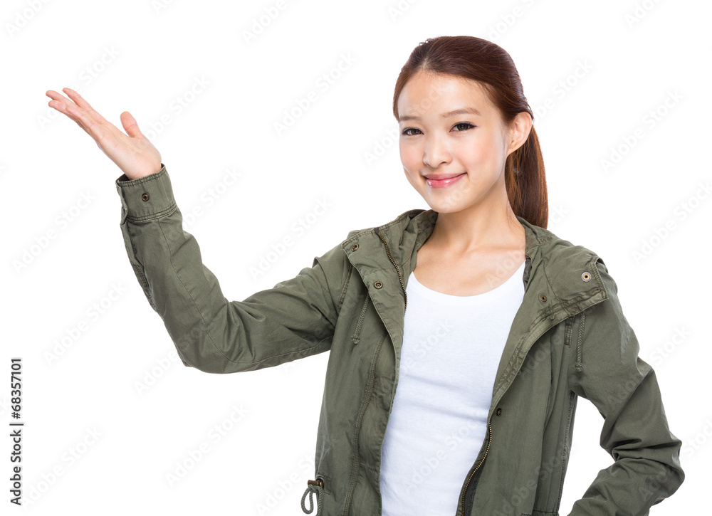 Asian young woman with hand present Asian young woman with hand present