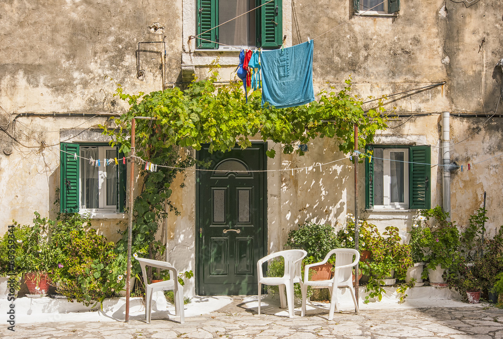 traditional house front, corfu town, greece - obrazy, fototapety, plakaty 