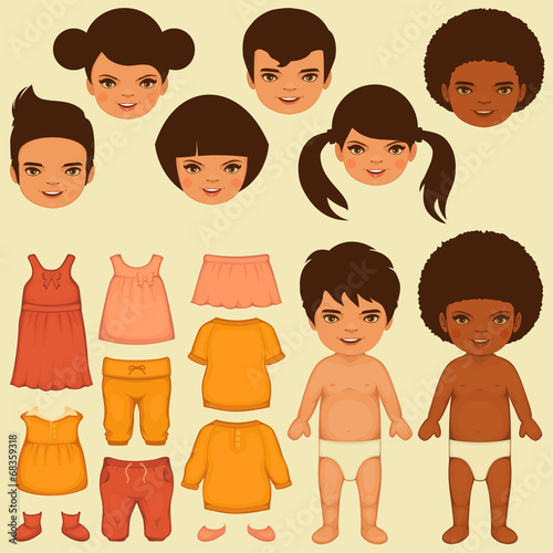 vector kids face, paper doll, isolated clothing