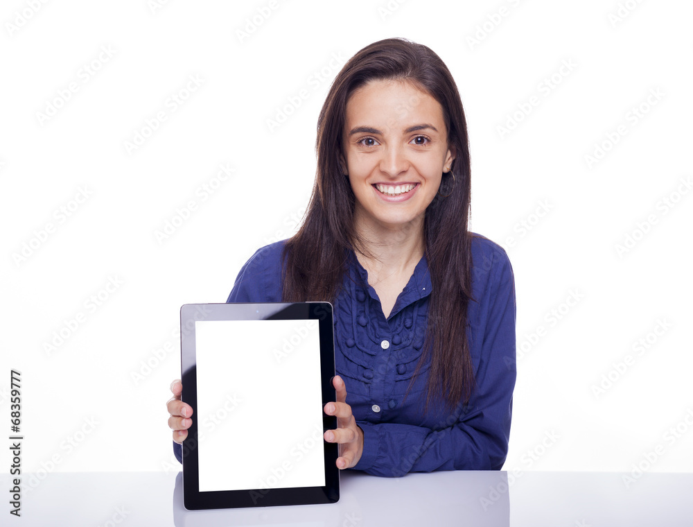 Happy woman holding a tablet computer, isolated on white backgr Happy woman holding a tablet computer, isolated on white backgr