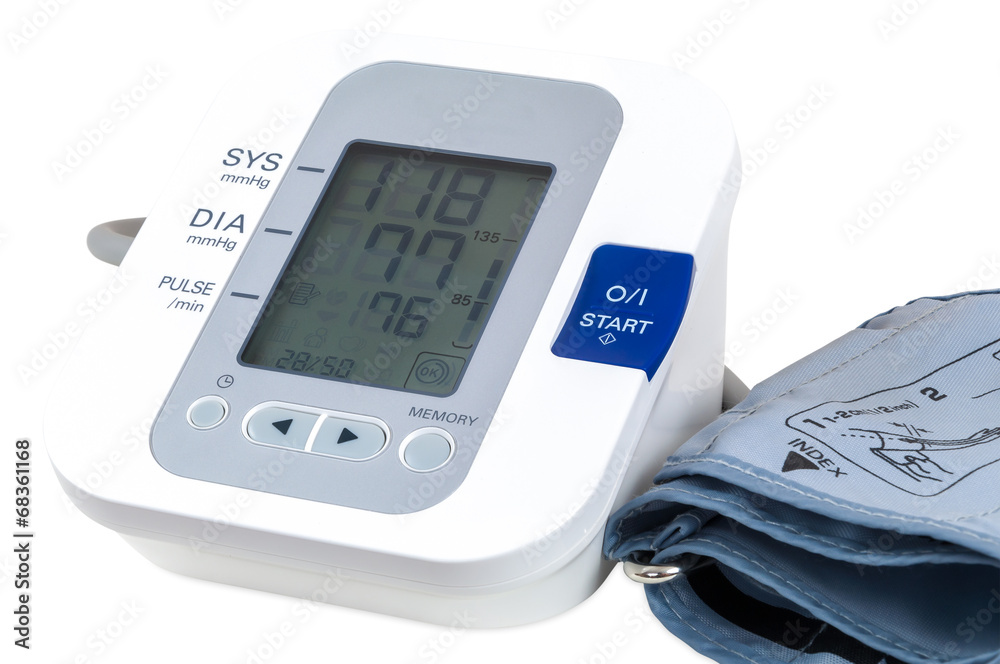 Digital blood pressure monitor on white background Digital blood pressure monitor on white background