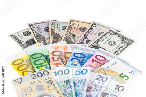 Dollar euro and polish zloty banknotes