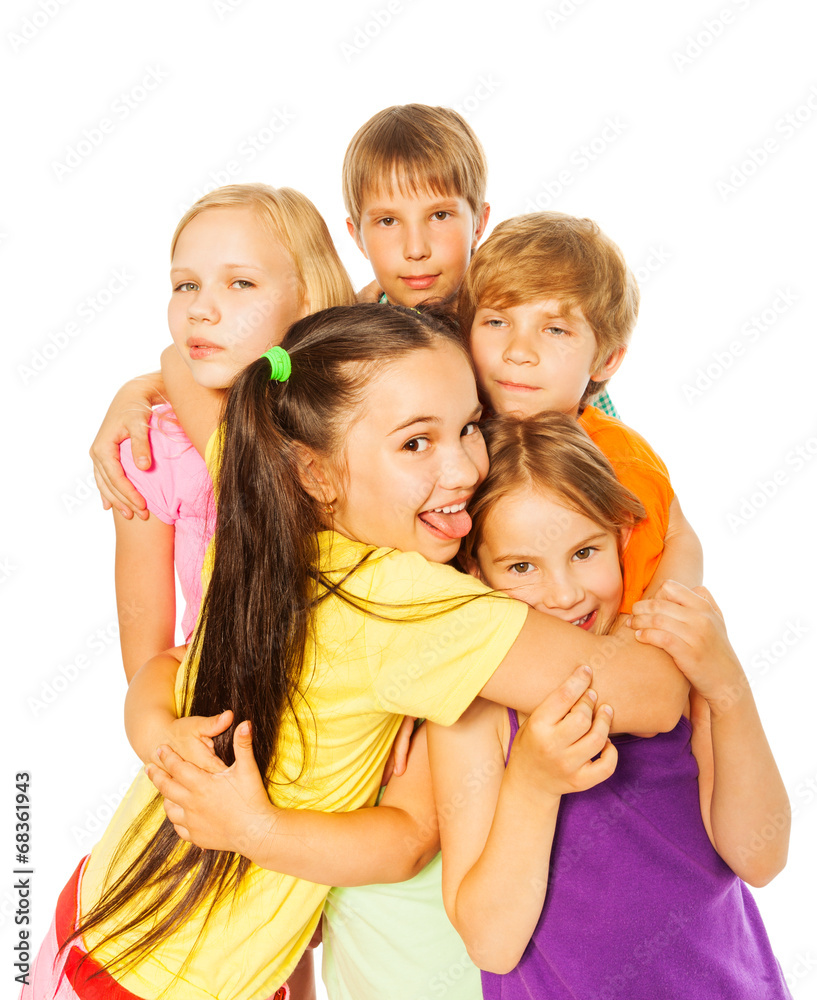 Five smiling hugging kids