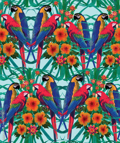 Seamless pattern with macaws, palm leaves and flowers.
