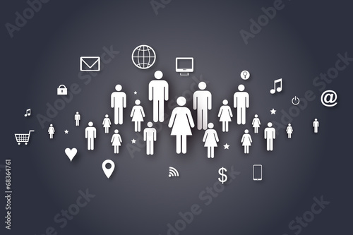 Grupo de personas con iconos flotando
